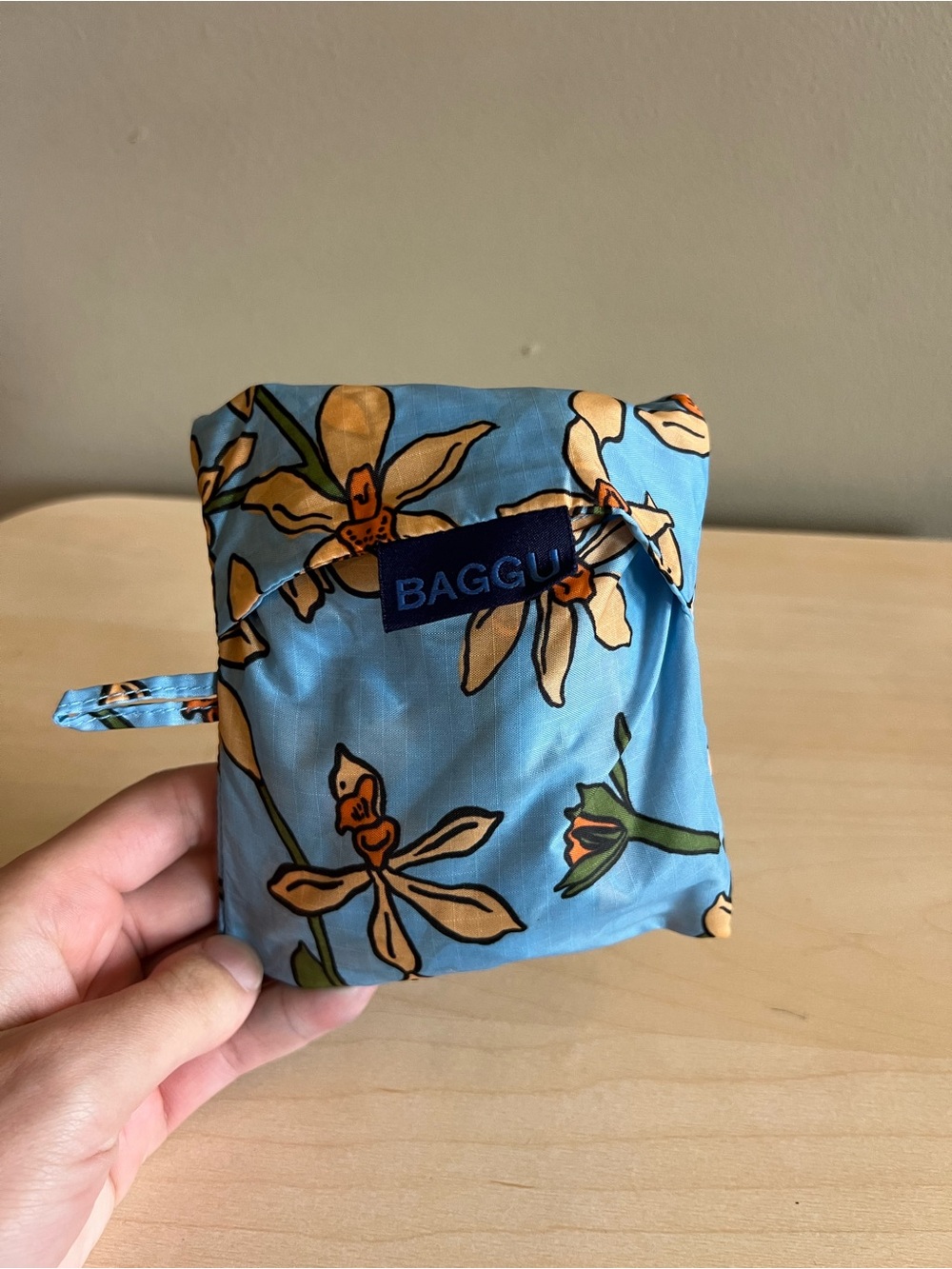 BAGGU Floral Print Tote in Light Blue with Yellow Accents